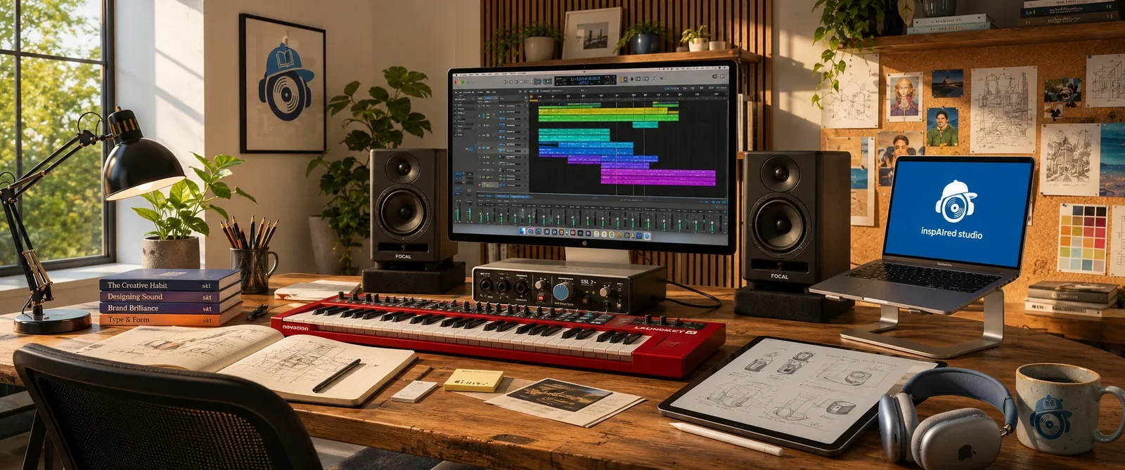 The inspAIred studio desk with keyboard, speakers, sketches and the studio logo on the laptop